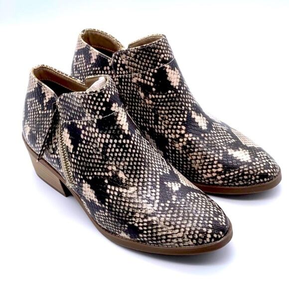 Time & True Memory Foam Brown / Beige Vegan Snakeskin Print Ankle Booties - 7 - Picture 1 of 10